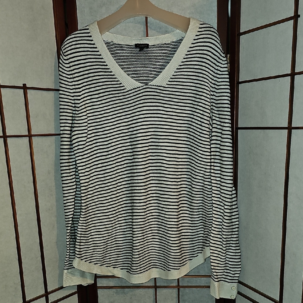 Striped V-Neck Sweater in Black and White